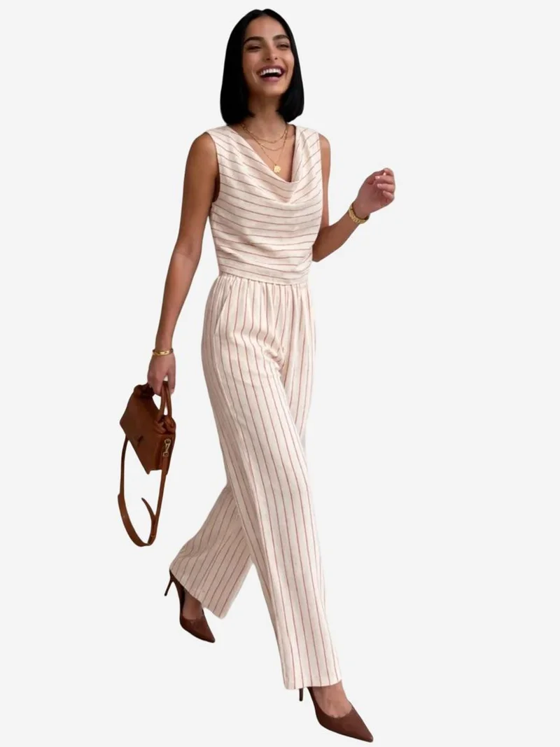 MY FASHION High Waist Striped Cowl Neck Two-Piece Set